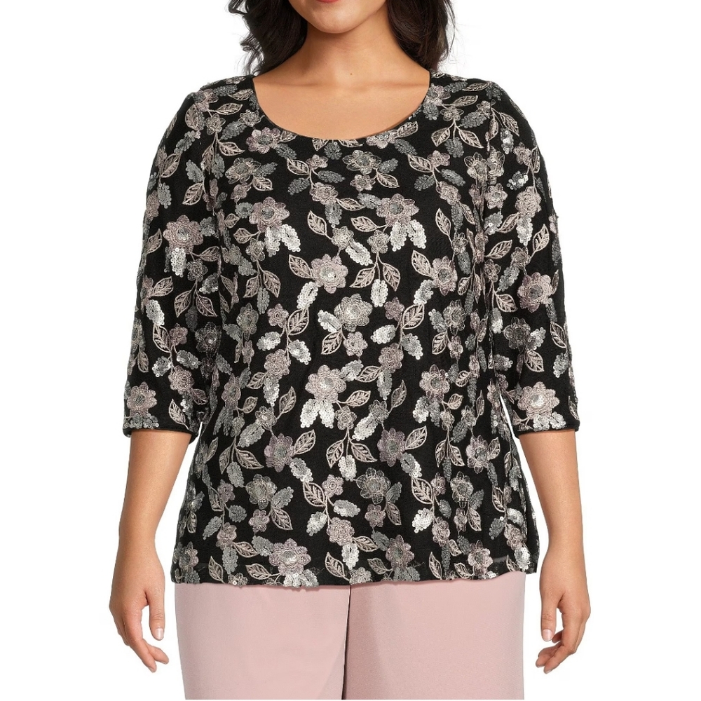 New 1X Plus Size Alex Evenings Floral Sequined Embroidered dressy top shirt